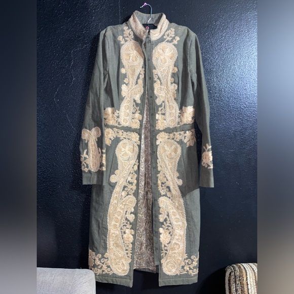 Plenty by Tracy Reese Other - Plenty Tracy Reese Anthropologie Olive Green Embroidered Long Denim Nehru Jacket